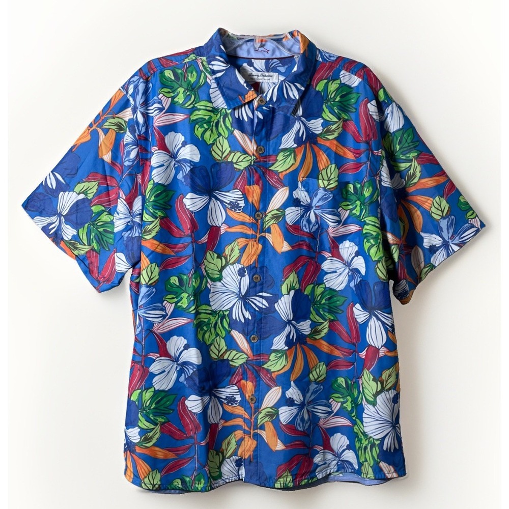 Tommy Bahama The Coconut Point Floral Luau Camp Shirt Blue Aster Floral Size 2XL